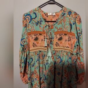 R.Vivimos Floral Boho Peasant Tassel Midi Dress Medium Festival Western Preppy